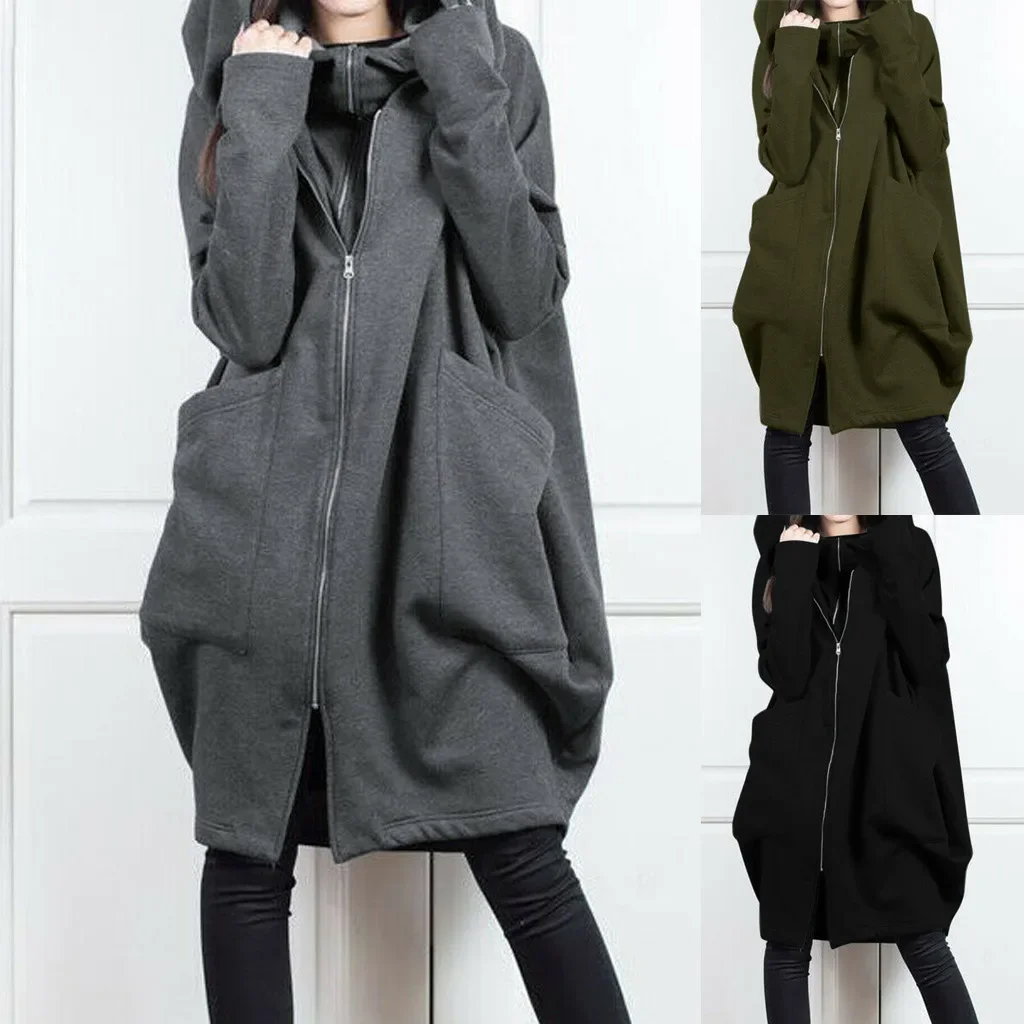 Hooded Pocket Zipper in a Long Fake Two-piece Baggy Jacket