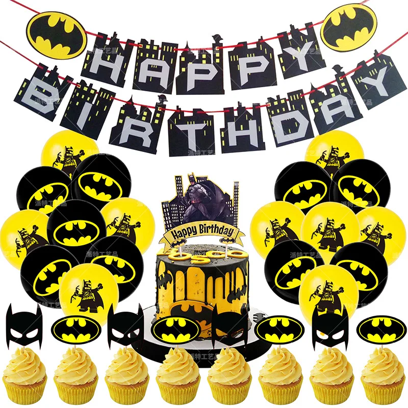 Kit de Décoration d'Anniversaire Super-Héros Batman : Bannière Chauve-Souris, Décorations de Gâteau et Cupcakes, Ballons en Latex, Fournitures de Fête Héroïque, Décorations de Célébration, Globos