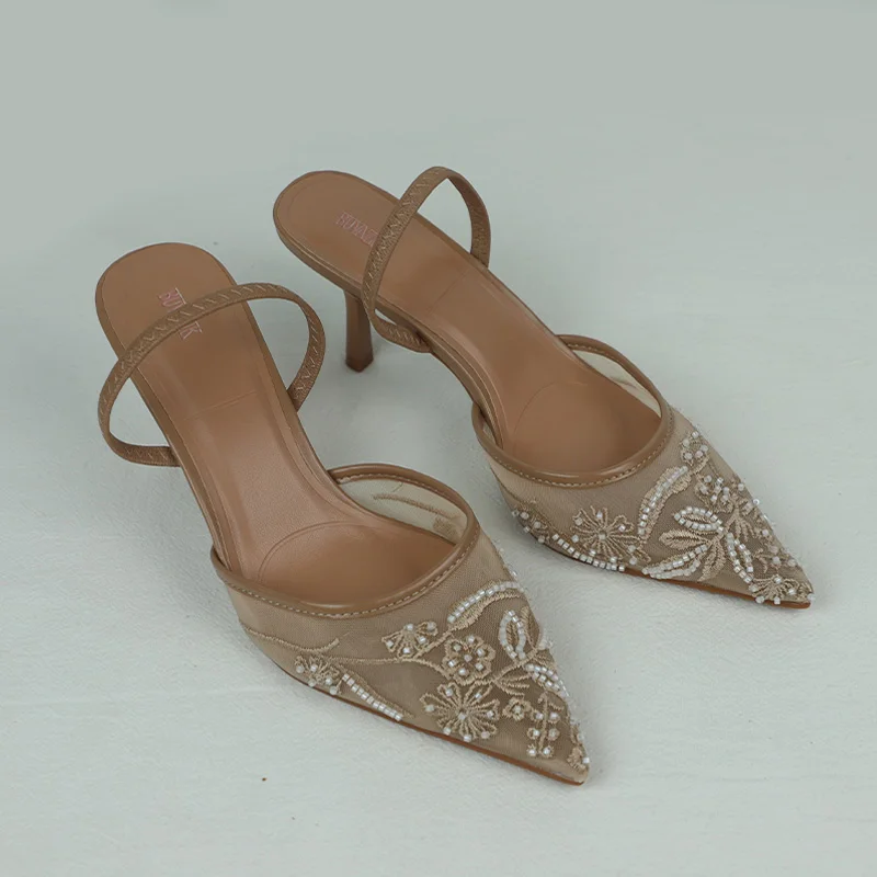 Women's Sandals 2025 Summer Brand Designer Ladies Flower Mesh Open Heel Shoes Sexy High Heel Pointed Toe Stiletto Pumps Mules