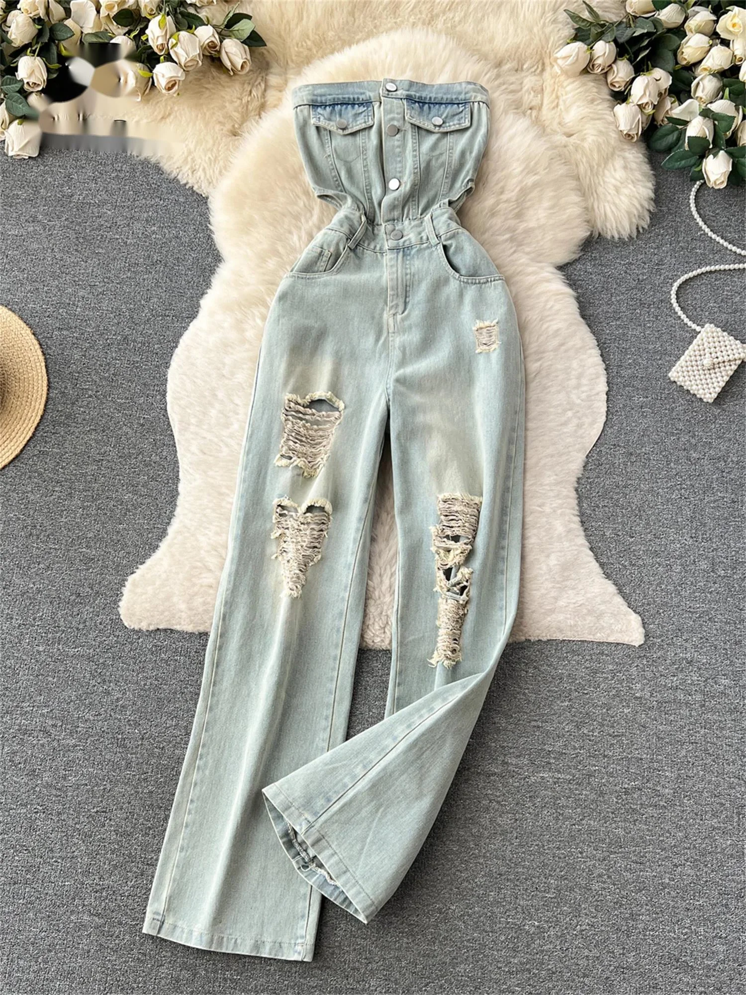 American Retro Streetwear Denim Jumpsuits Zipper Pocket High Waist Wide Legs Ripped Pants Summer Women Slim Rompers