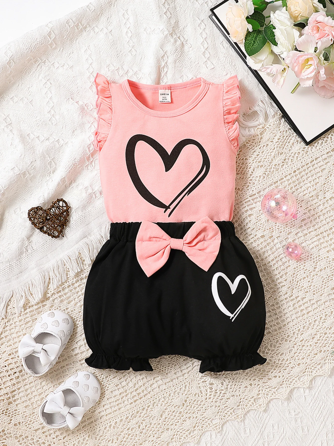 Baby Girls Summer Two-Piece Set Cute Round Neck Love Printed Triangle Jumpsuit with Bow Decoration Shorts Outfit for Little Ones