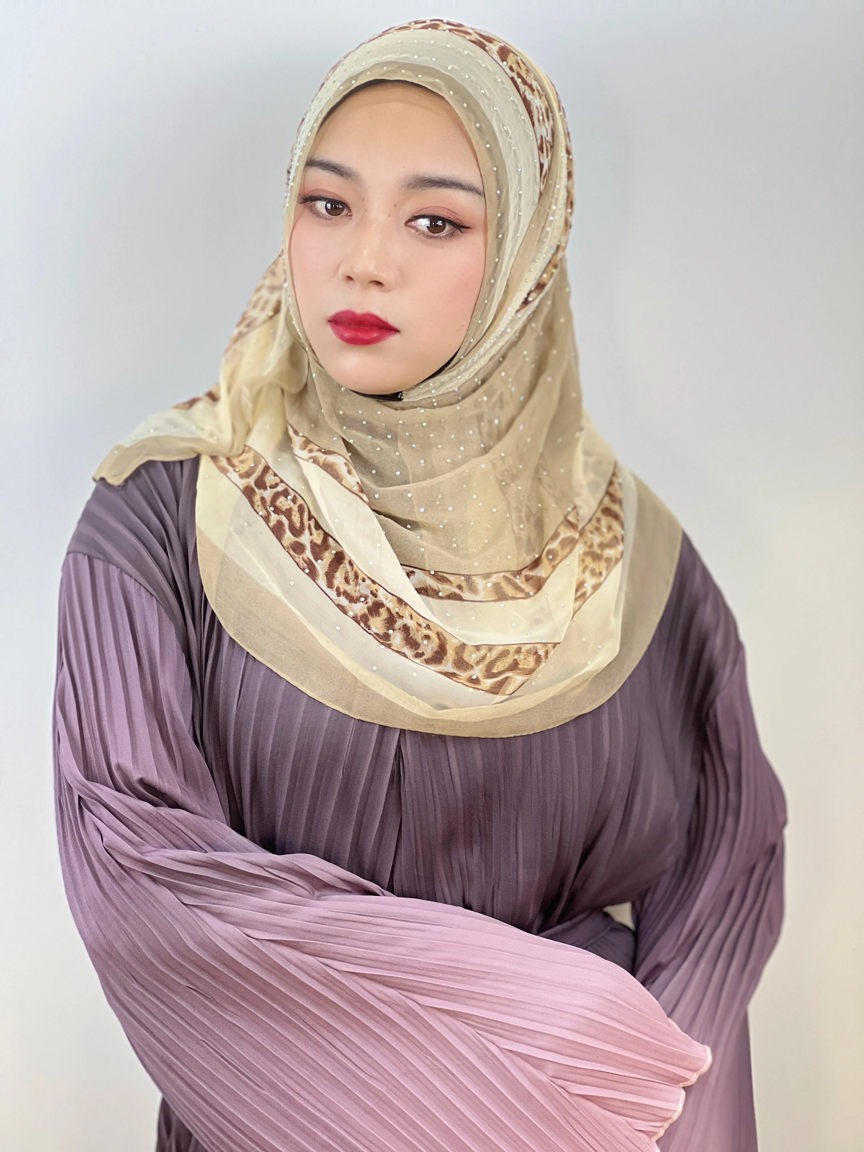 Muslim Leopard Print Hot Drill Turban Ladies Shawl Robe Dress Multi-Layer Color Shawl Arab Islamic Clothing Turban 55*154