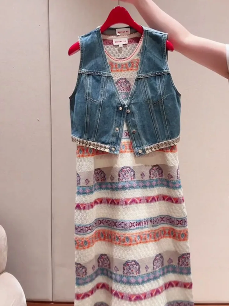 طقم سترة محبوك من قماش الدنيم الأزرق مكون من قطعتين للنساء قابل للتنشيط غير رسمي لربيع 2026 الإصدار المبكر للتنقل