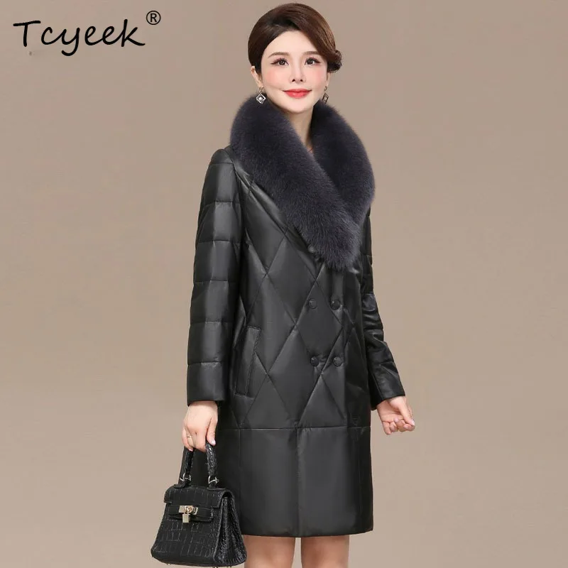 Tcyeek véritable peau de mouton duvet de canard blanc automne hiver col en v longueur moyenne veste en cuir véritable pour femme Ж Jayaжаğlu Куртка