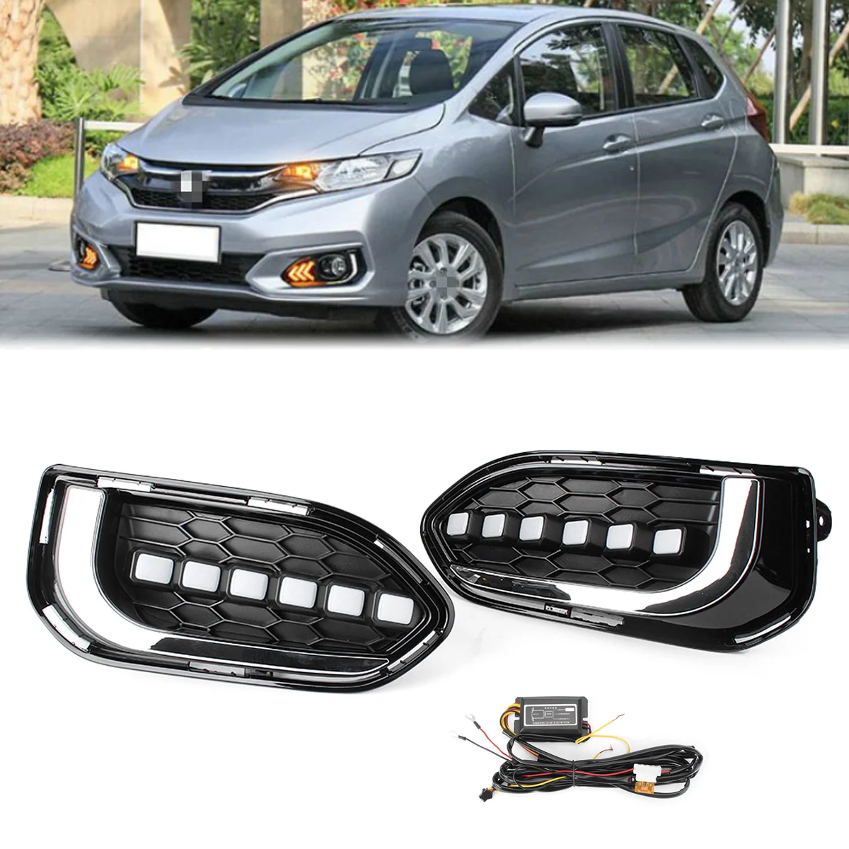 Pair White Amber LED DRL Daytime Running Light Driving Fog Lamp Kit For Honda Fit Jazz 2018 UP Car Accessories