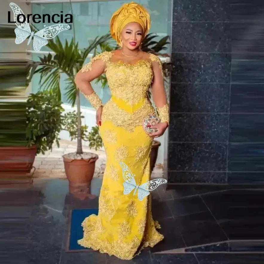 فستان سهرة ساتان مكشكش من Lorencia ، ثوب بأكمام طويلة ، عربي ، Aso Ebi ، أصفر ، حورية البحر مطرز ، فستان حفلة موسيقية ، مناسبة خاصة ، YED08