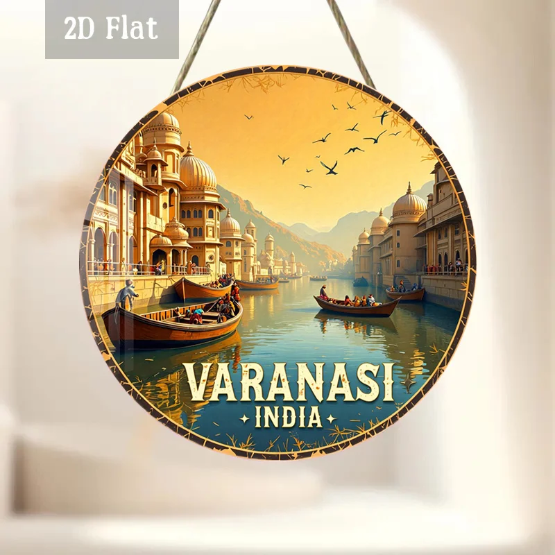 2D Flat - 1pc Round Panel Artwork from Varanasi, India, Depicting The Golden Hour with River Boats. This Cultural Vista Wall Dec