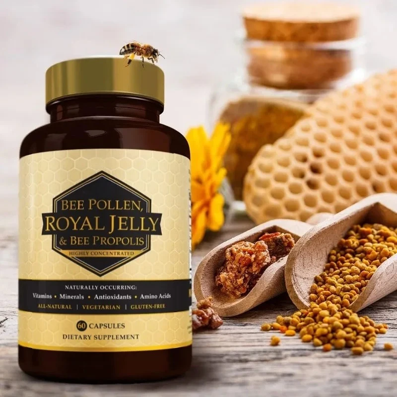 

Эффективное натуральное королевское желе, пчелиная пыльца, 60 капсул - прополис 2500 мг и антиоксидантная поддержка королевского желе 1400 мг.