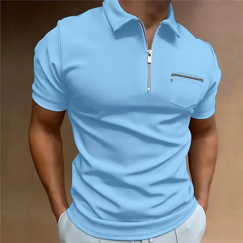 2023 Summer Trip Men\'s Casual Short-Sleeved Polo Shirt Chest Zipper Pocket T-Shirt Men\'s Breathable Polo Shirt Men\'s Clothing