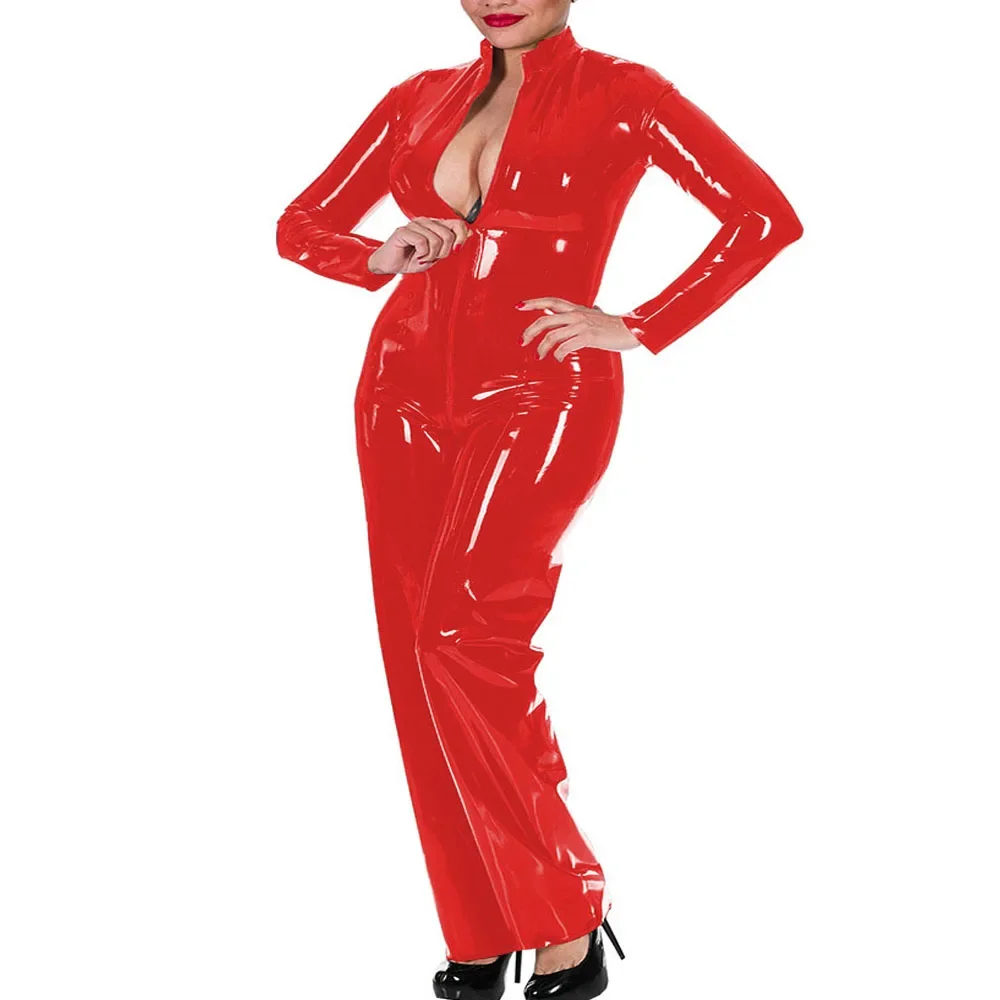 Nieuwe Plus Size Glanzende Jumpsuit Vrouwen Natte Look Glanzend Pu Faux Lederen Catsuit Lange Mouw Met Rits Open Kruis Bodysuit Clubwear S-8XL