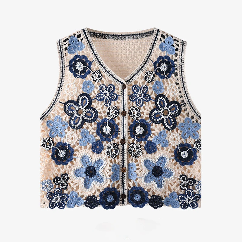 Chaleco de ganchillo con margaritas para mujer, sin mangas, con botones, suéter de punto abierto, Top de verano para adolescente, traje de vacaciones bohemio