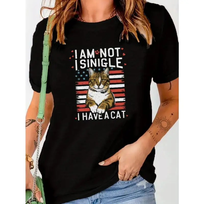 

I Am Not Single I Have A Cat T-Shirt, Funny Cat Lover Graphic Tee, American Flag Pet Owner Gift, Women's Casual Top