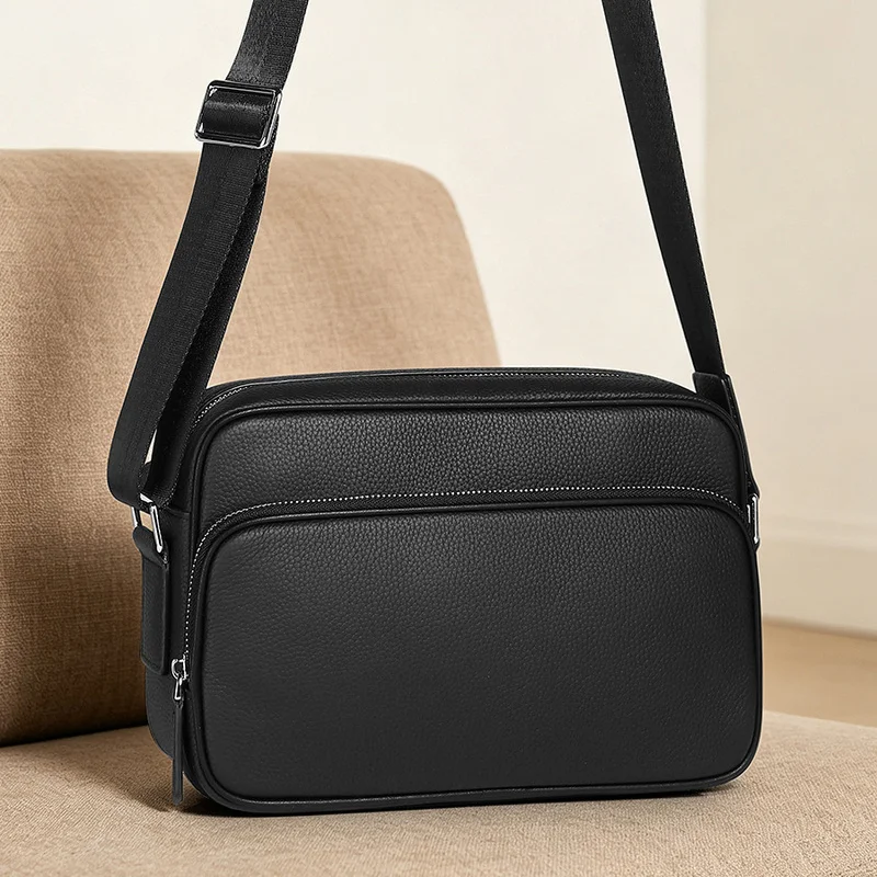 Top layer cowhide high-end crossbody bag, portable horizontal square shoulder bag, versatile and trendy men's small square bag