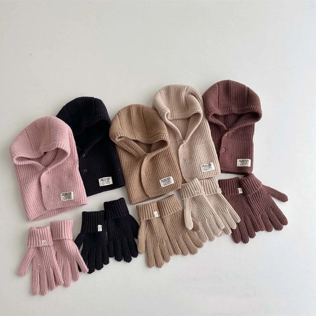 

Korea Knitted Kids Hat Scarf Glove Sets With Label Autumn Winter Baby Pullover Hat Children's Ear Neck Hand Protection Warm Hat