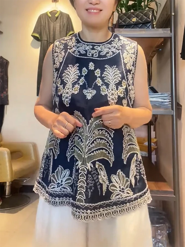 

Ele темно-синий вышитый цветок круглый жилет Ne Svel irt Sli Agel плюс размер женский летний топ Faion