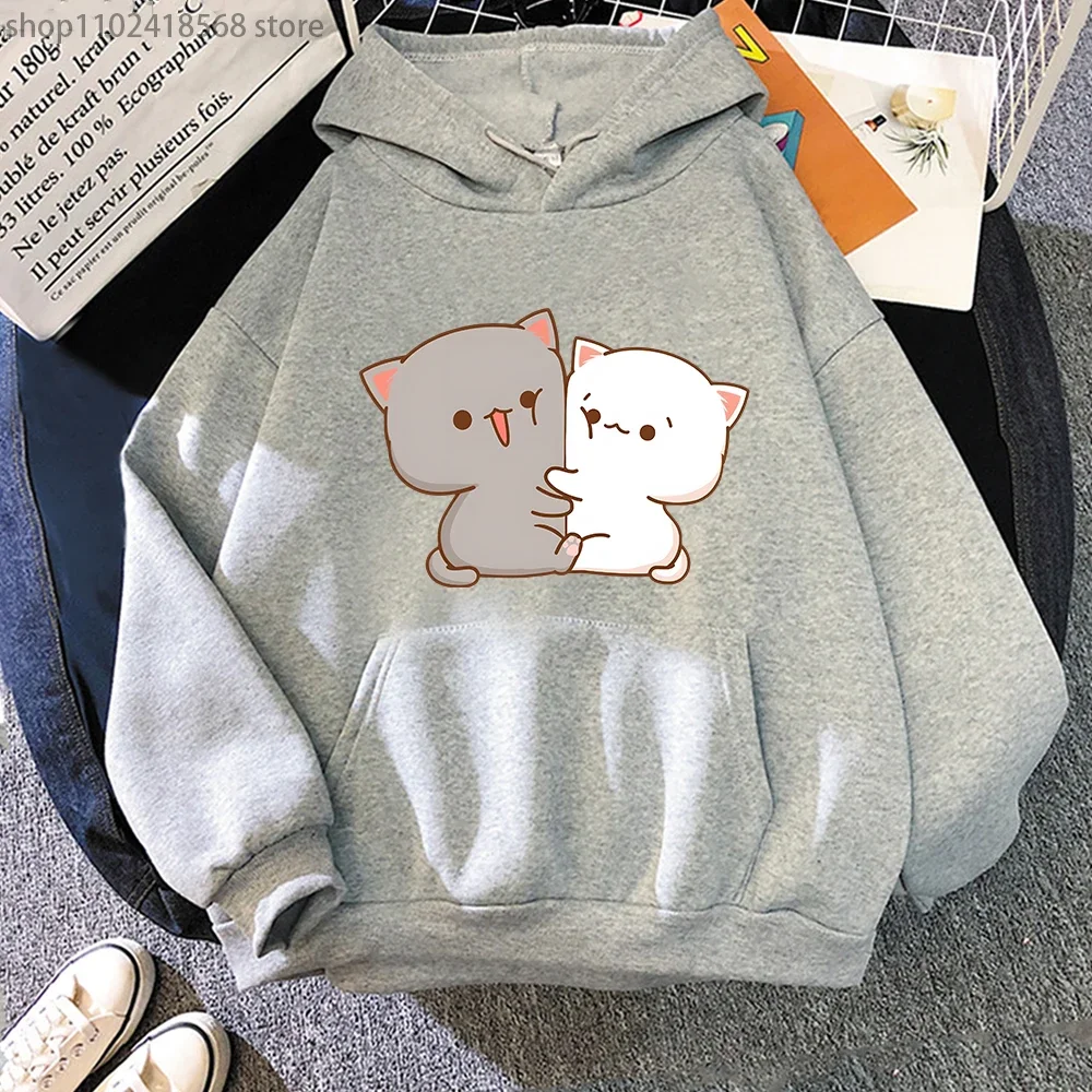 Kawaii Kat Hoodie Perzik Grappige Leuke Sweatshirts Cartoon Print Kleding Vrouwen Esthetische Lente Winter Roze Top Meisjes Capuchon Vrouwelijke