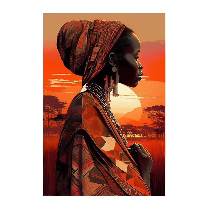 Dusk Sunrise African Black Women Oil Painting Colorful Figure Posters and Prints Modern Wall Art Figure Hanging Paintings