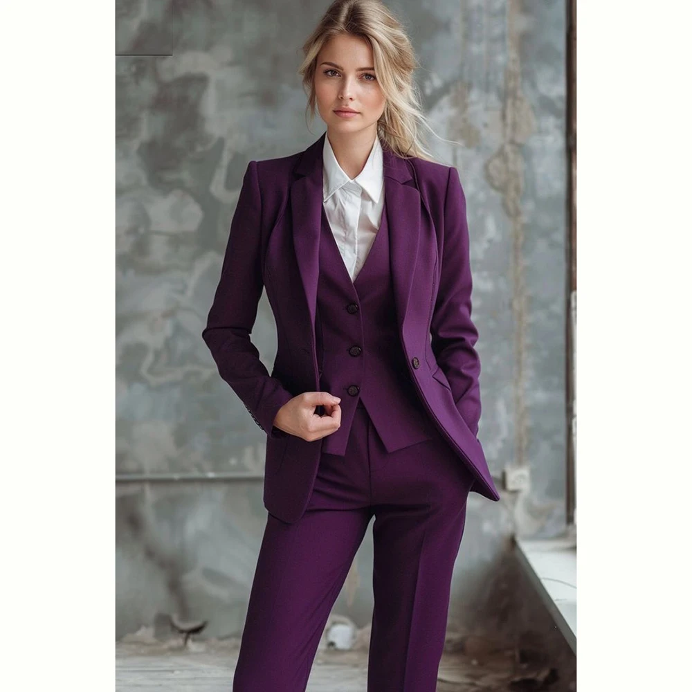 Luxury Purple Women Suit Single Breasted 3 Piece Jacket Vest Pants Blazer Set Slim Fit Elegant Office Lady Female Clothing