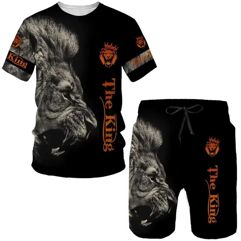 2025 Latest Men's Daily Leisure Sports Set Fashion Printed 3D Lion Pattern T-shirt Shorts Set Summer Leisure Breathable