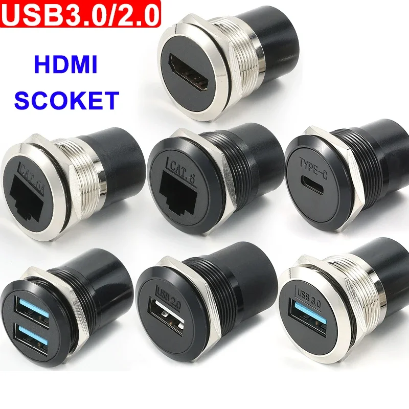 22mm 2.0/3.0 USB Panel Socket Metal Circular Dual C-type USB3.0 Thread Module Connector USB Interface Type-C HDMI Plug Sockets