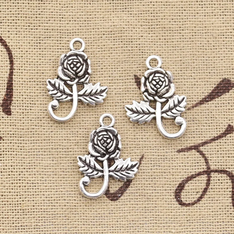 12pcs Charms Rose Flower Leaf 21x15mm Antique Silver Color Pendants Making DIY Handmade Tibetan Finding Jewelry