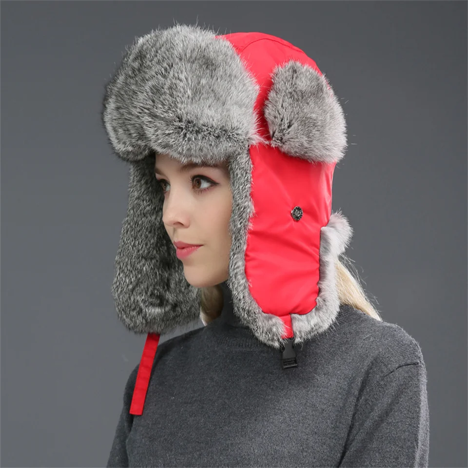 Winter Thermal Real Natural Rabbit Fur Bomber Hats Women Men Outdoors Soft And Warm Russia Hat Face Neck Earflap Snow Caps