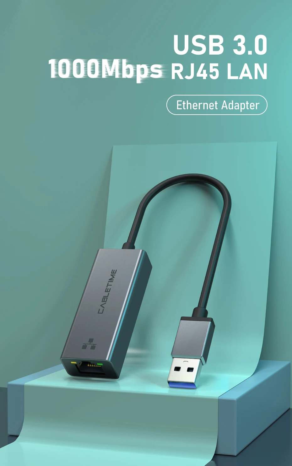 CABLETIME USB-Ethernet-Adapter 100/1000 Mbit/s USB 3.0 RJ45-Netzwerkkarte für MacBook Laptop Internet-Adapter RJ45-Adapter – Detail 2