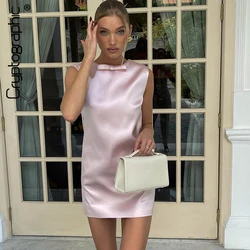 Cryptographic Satin Sleeveless Mini Dress Elegant Outfits for Women Party Club Fashion Sexy Backless Bow Detail Dresses Clothes