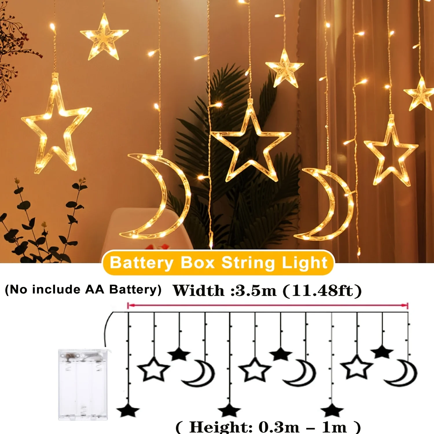 3.5M Star Moon Curtain String Lights Battery Powered Christmas Garland Lamp Hanging Ramadan Light String for Room New Year Decor