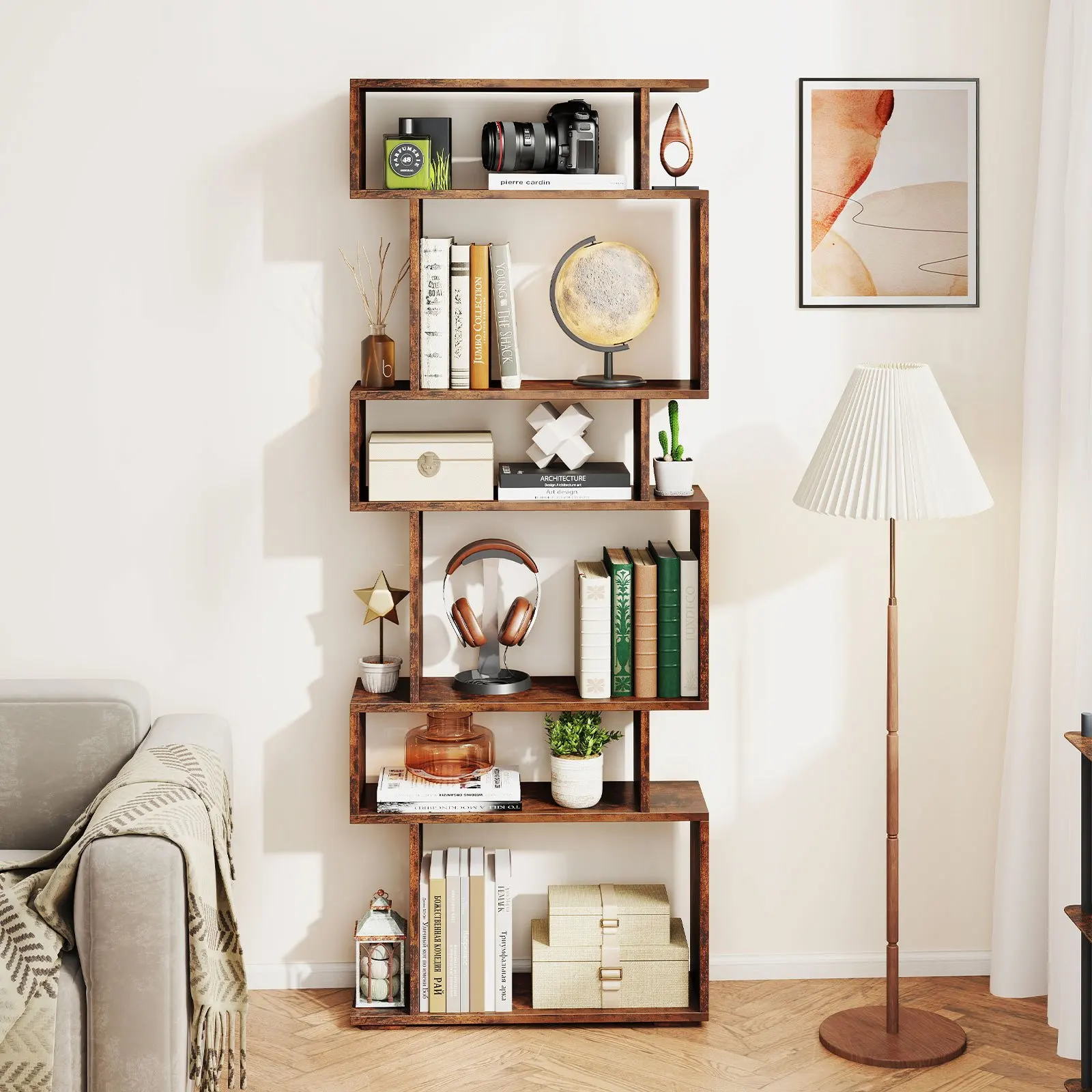 6-tier Storage Bookshelf, Tall Display Shelf w/Anti-toppling Kits, Decorative Room Divider, S-shaped Geometric Bookcase