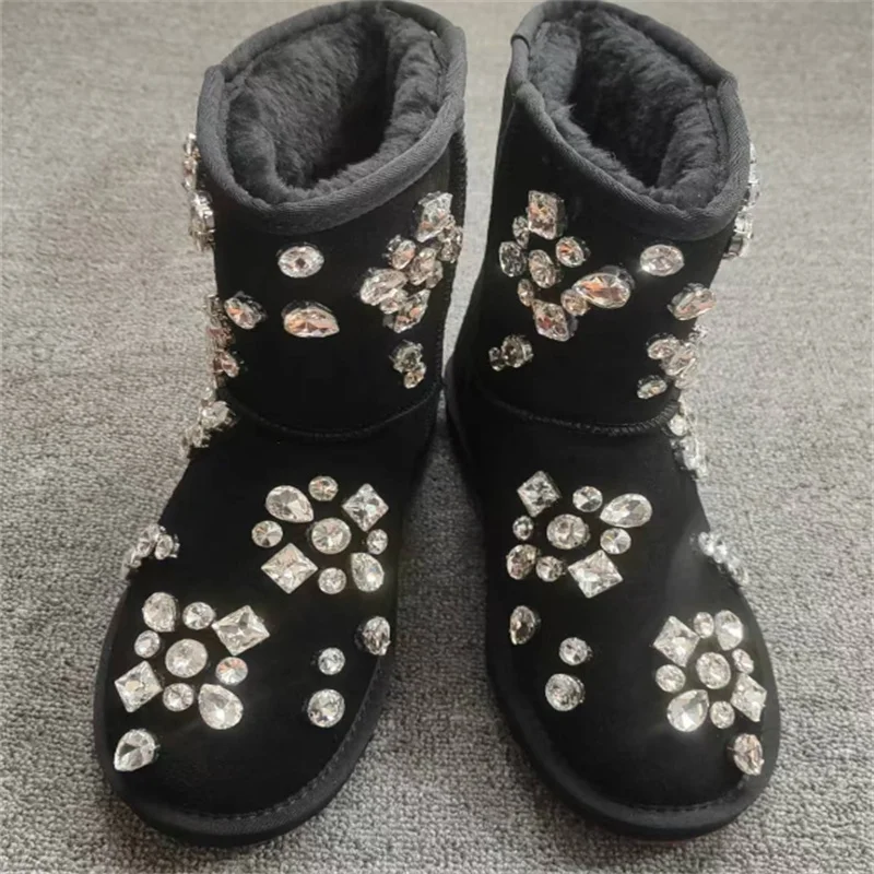 Heavy black rhine-diamond accessories Fur one snow boots custom banquet wedding party large size mid-leg women's boots 35-44