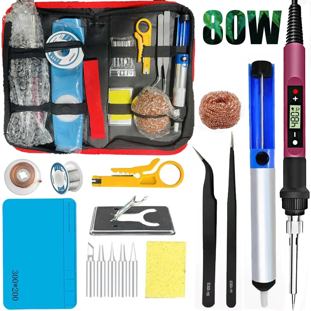 80W Electric Soldering Iron Kit Adjustable Temperature LCD Solder Ceramic Heater Soldering Tips Tweezers Solder Welding Tool Kit