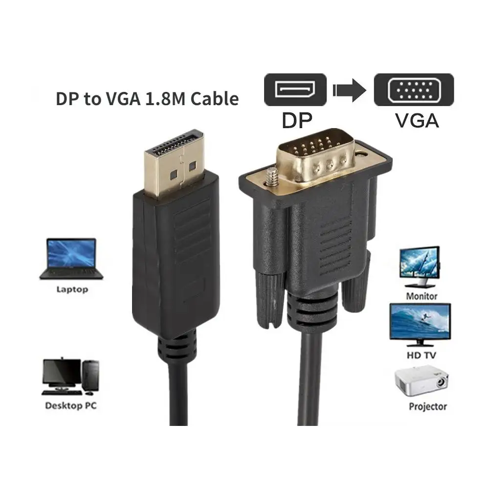 

1080P DisplayPort DP To VGA 1.8m Cable Male to Male Displayport vga Connection Adapter for HDTV PC Laptop Projector