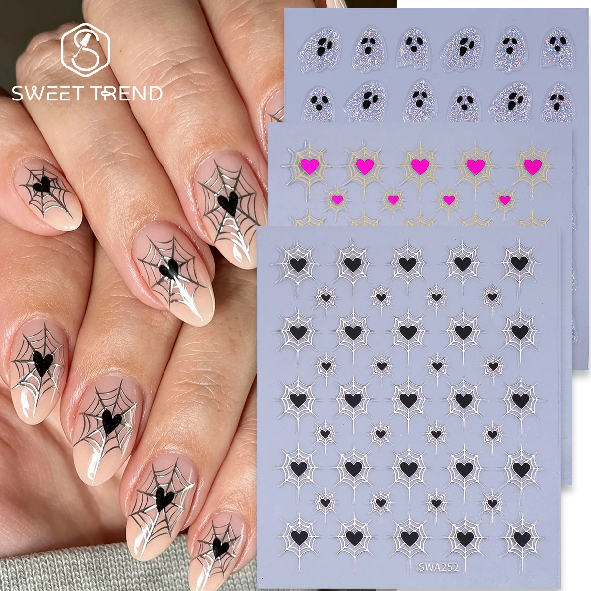 3pcs Metallic Heart Spider Web Nail Stickers Glitter Ghost Sweet Gothic Decals Pink Black Cobweb Halloween Design Manicure Foils