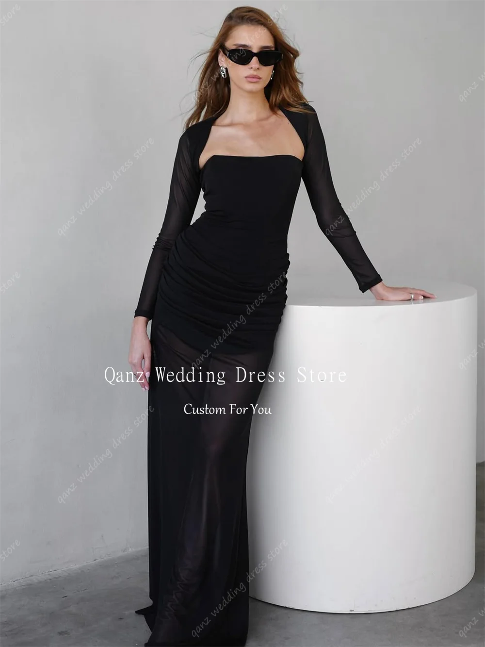 Qanz Modern Women Wedding Dresses Mermaid White Illusion Vestidos De Novia Civil Mermaid Long Sleeves Robes De Mariée Customized