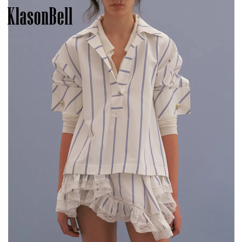 

6.11 KlasonBell Women's Striped Print Lapel Button Blouse Or Lace Spliced Irregular Skirt Lace-up Elastic Waist Pants Set