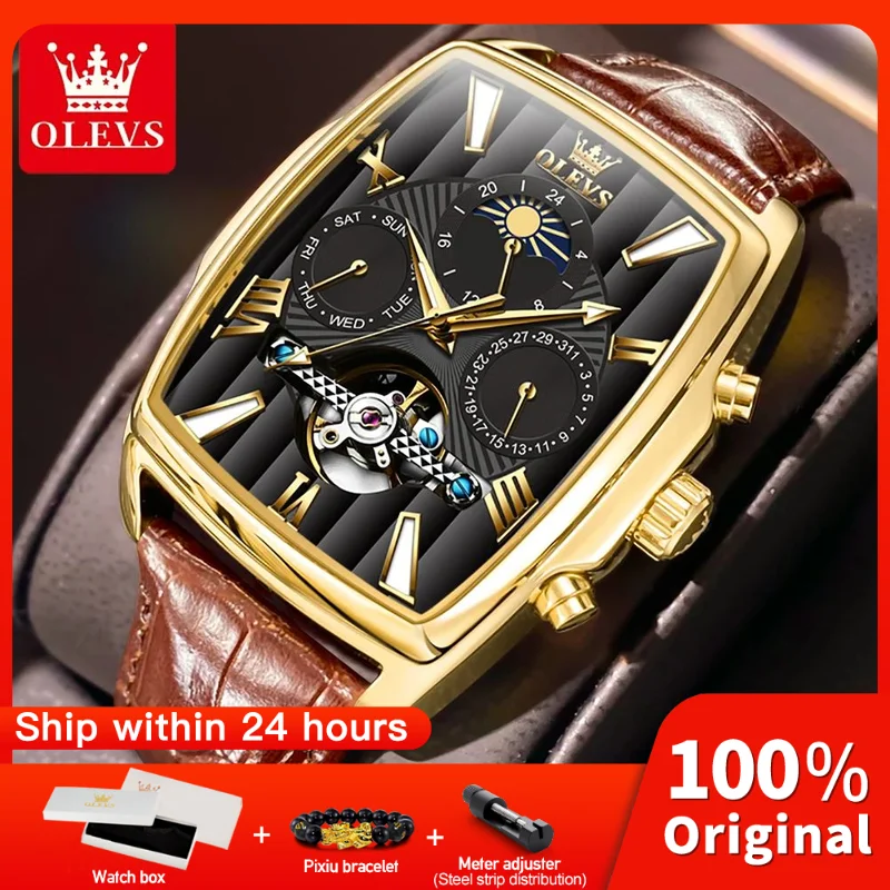 

OLEVS 6675 Mens Watch Original Mechanical Multifunctional Chronograph Watch Moon Phase Waterproof Luminous Leather Strap Reloj