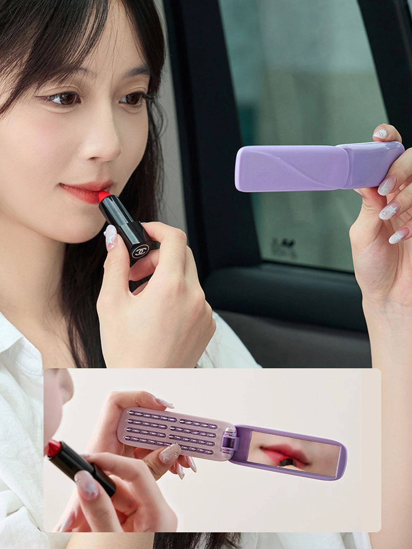 مشط محمول 2 في 1 قابل للطي مع مرآة لتدليك فروة الرأس ومشط وسادة هوائية للسفر مناسب لجميع أنواع الشعر