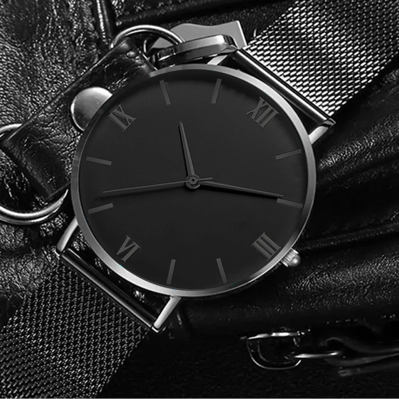 2Pcs Fashion Men\'s Watch Business Simple Stainless Steel Mesh Belt Quartz Watch with Dumbbell Bead String Bracelet Set