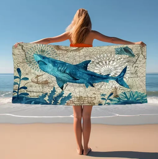 1pc Shark Pattern Beach Towel Quick Drying Soft Absorbent Beach Towel Microfiber Beach Blanket for Outdoor Swimming Camping