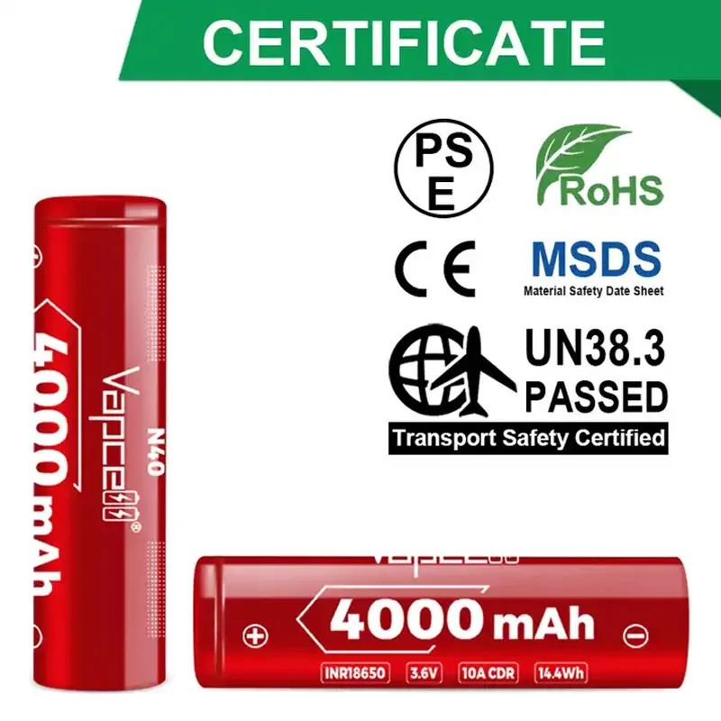 Highest Capacity Vapcell 18650 Battery 4000mah N40 INR 18650 10A 3.6V Li-ion Reachargeable Batteries For Flashlight VapeMod