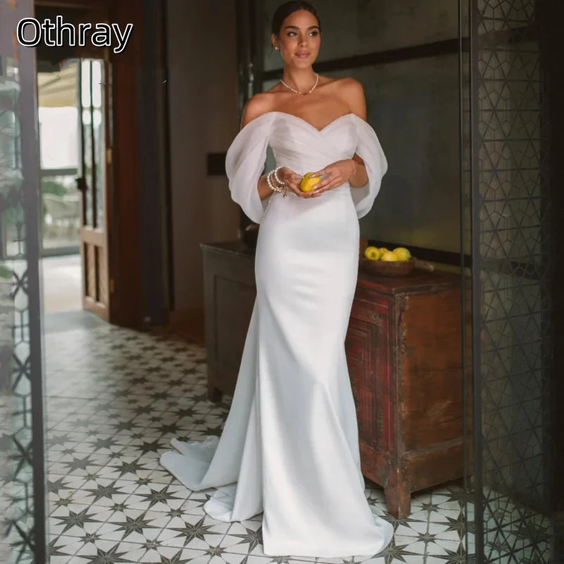 Othray Elegant Mermaid Wedding Dress Women Off The Shoulder Straps Open Back Satin Bridal Gown Sweep Train Vestidos De