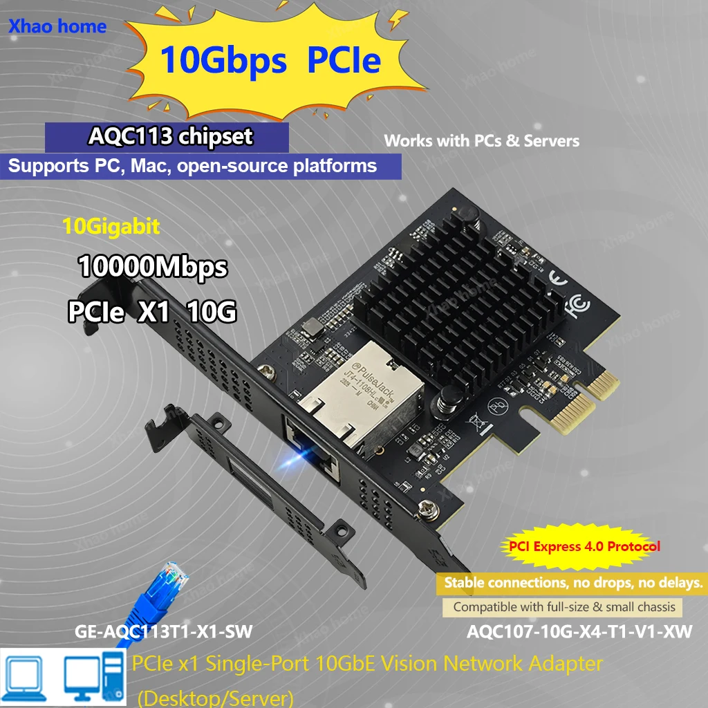 

For AQC113 Chip RJ45 PCIe x1 Network Adapter Single Port 10G Ethernet Card for Gaming/NAS/Servers Desktop Upgrade from Gigabit