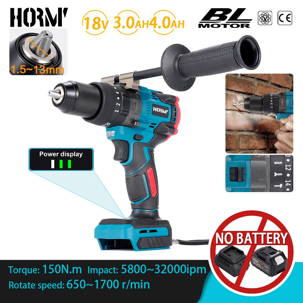 Hormy Brushless Electric Screwdriver Batteryless 150N.m Three-Function Double Speed Impact Drill for makita 18V Lithium Battery