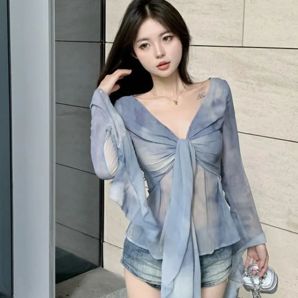 

Streetwear Jellyfish Mesh Belt T-Shirt Elf Long Sleeve Korean Y2K Ins Slim Fit Crop Tops Pleated Collar Transparent