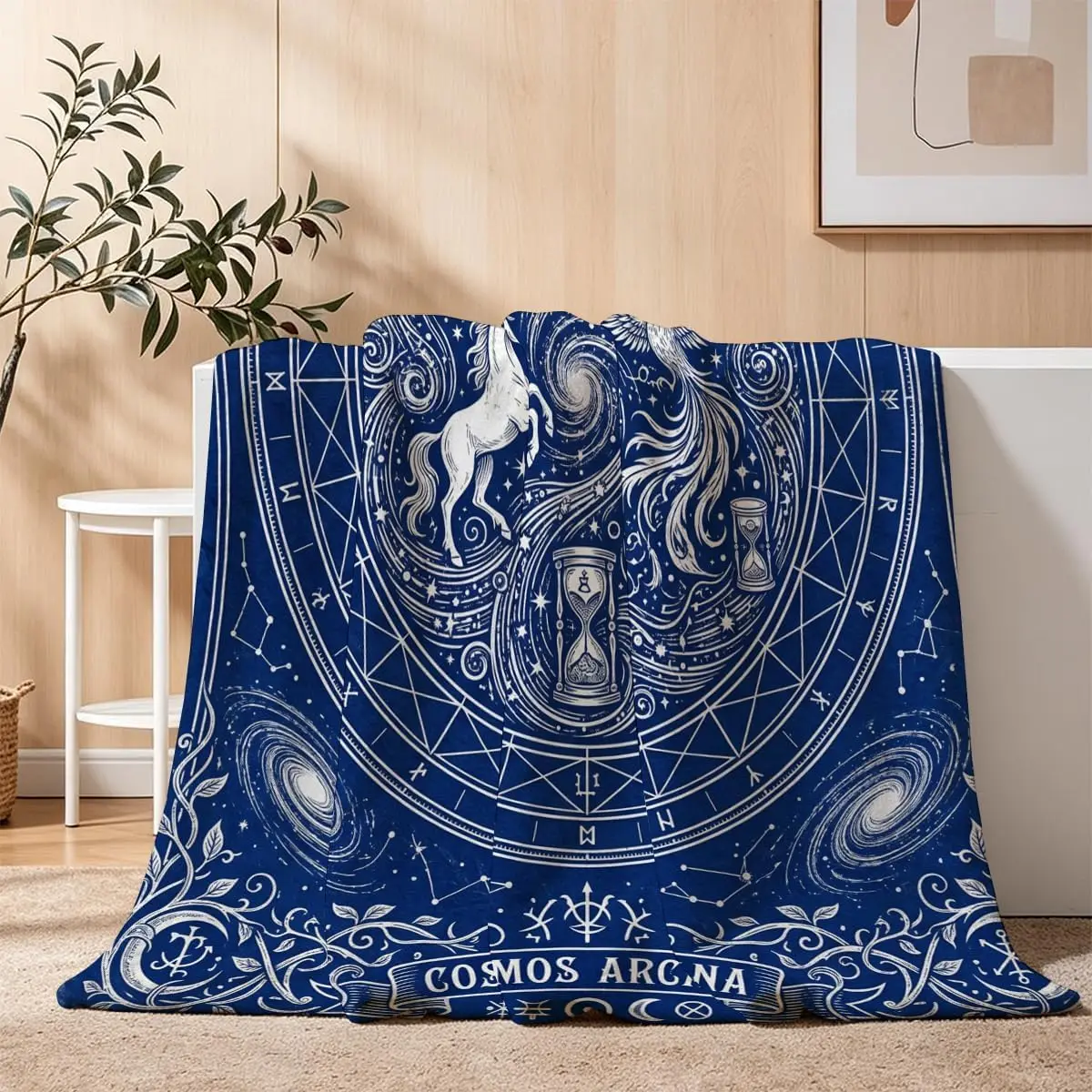 Mystic Cosmos Unicorn Phoenix Hourglass Moon Print Flannel Throw Blanket Soft Warm For Sofa Bedroom Occult Celestial Home Decor