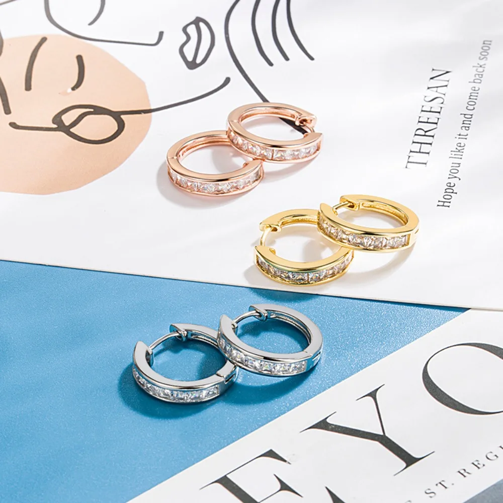 Stainless Steel Luxury Gold Color Single Row Crystal Hoop Earrings for Women Charm Fashion Korea Earring Bride Jewelry Colorfast