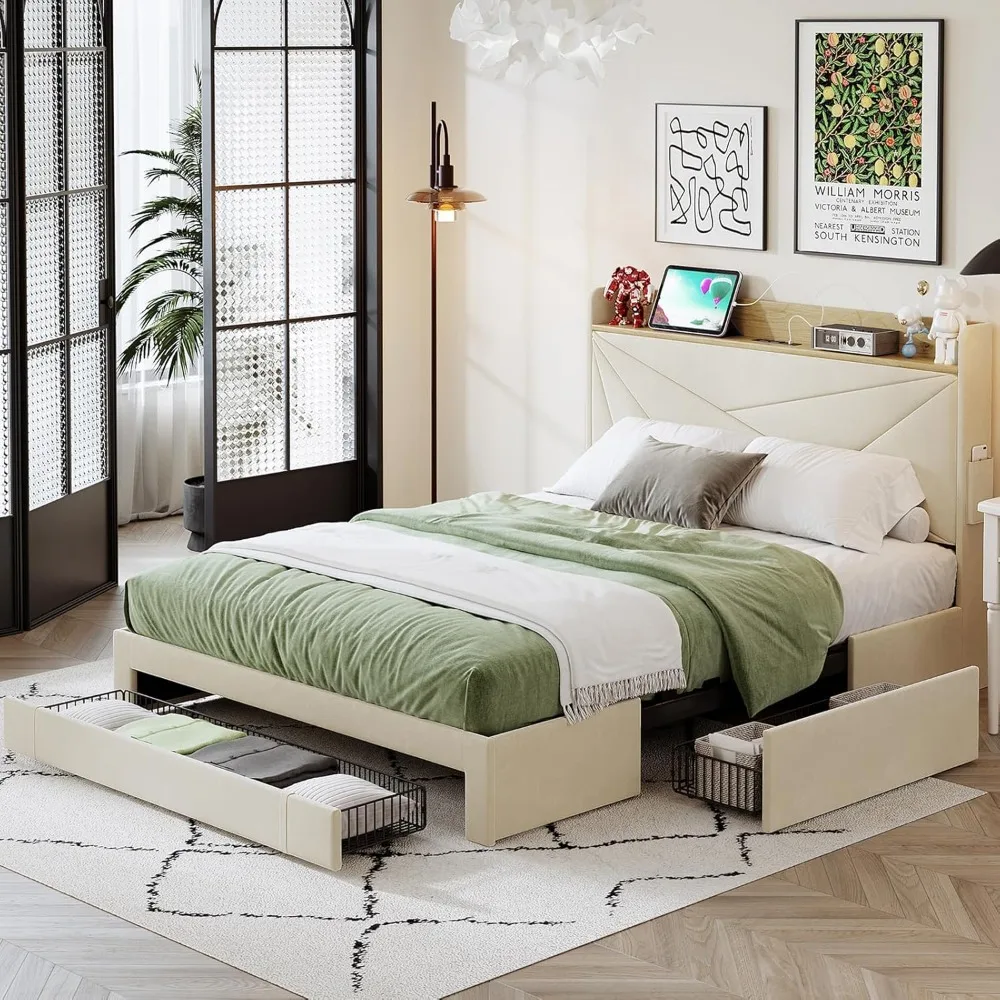 Queen Bed Frame with Headboard & 3 Storage Drawers, Upholstered Platform Bed Frame Queen Size with AC USB & Type C Charging Stat