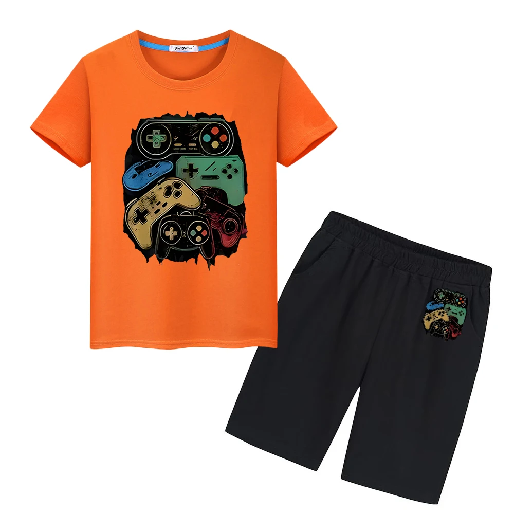 gamepad Print Boys girls clothes Summer Sports Sets 100%Cotton T-shirts Kawaii Short Cute TShirts y2k Tops+pant child Day gift