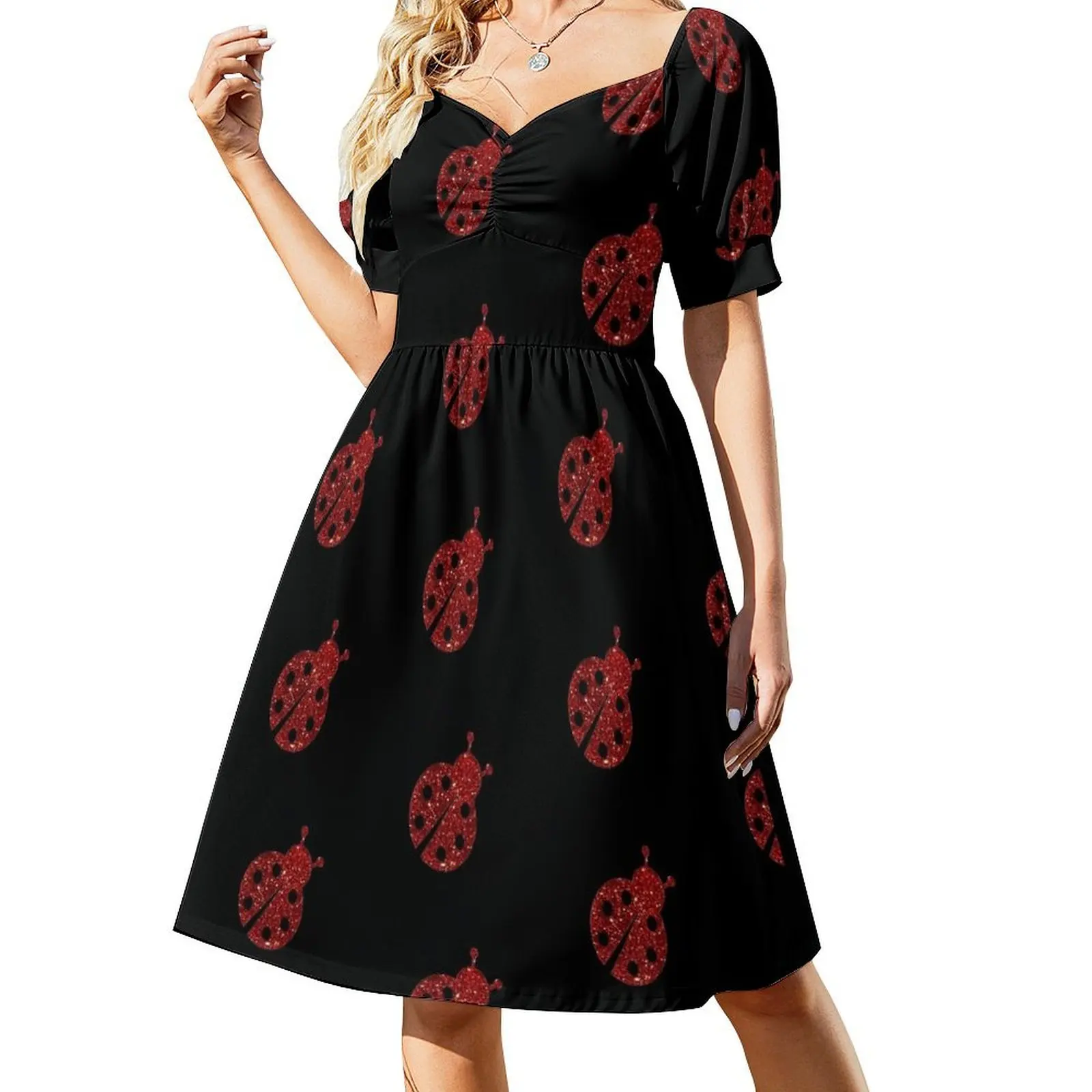 Red Glitter Lucky Ladybug Short Sleeved Dress summer dress korean women dresses for womens Dress